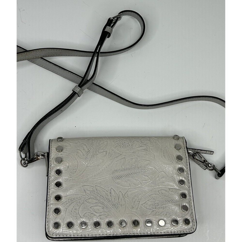 Womens Crossbody‎ Bag Small Silver Embossed Leaf Lined Pockets Galore Work Play